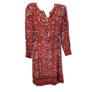 Loft Red Orange Long Sleeve Paisley Contrast Trim Dress Size Small S